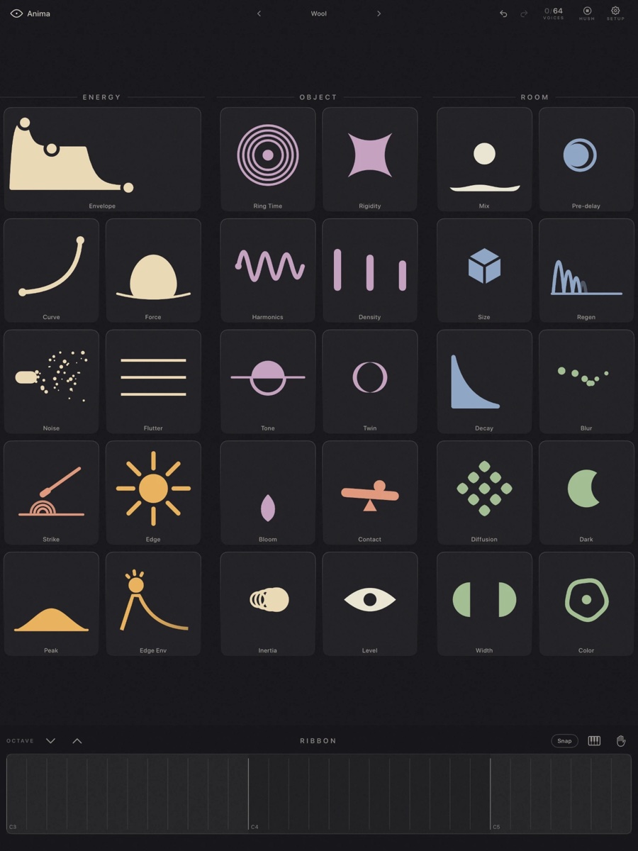 Anima's full surface: ENERGY, OBJECT and ROOM as glyph columns in the warm dusk palette, the ribbon below