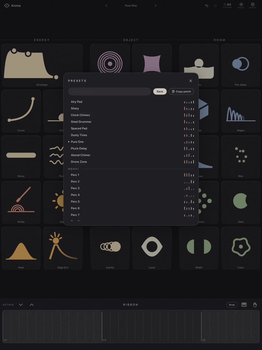 The preset library open over the surface, with the Hoavi bank and each preset's fingerprint bars