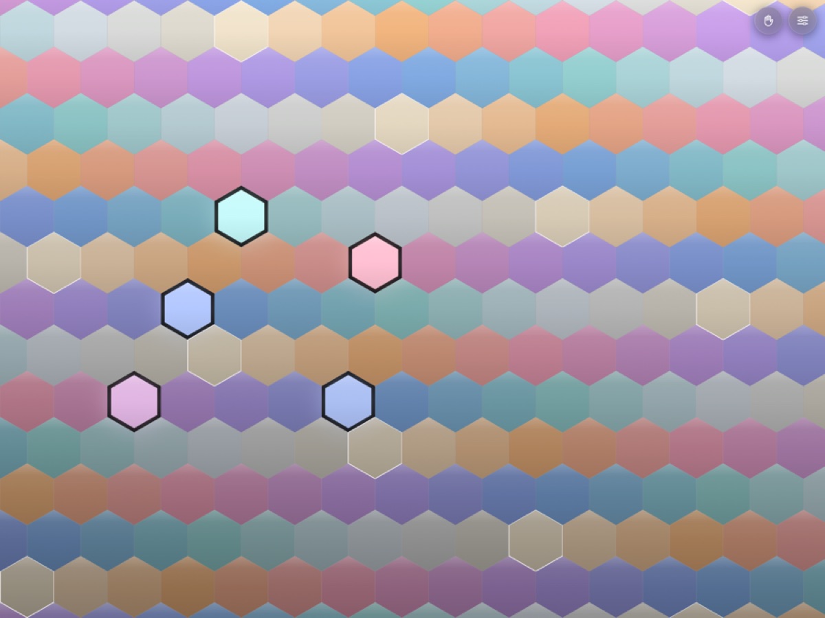 the main keyboard with a held chord glowing, Pastel palette