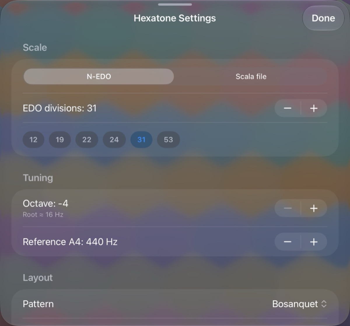 the Scale section in N-EDO mode, with Tuning and Layout below
