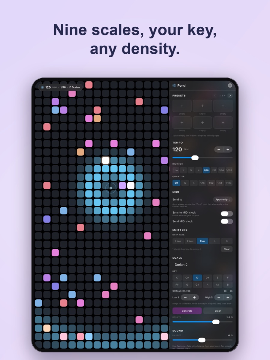Nine scales, your key, any density — the controls drawer