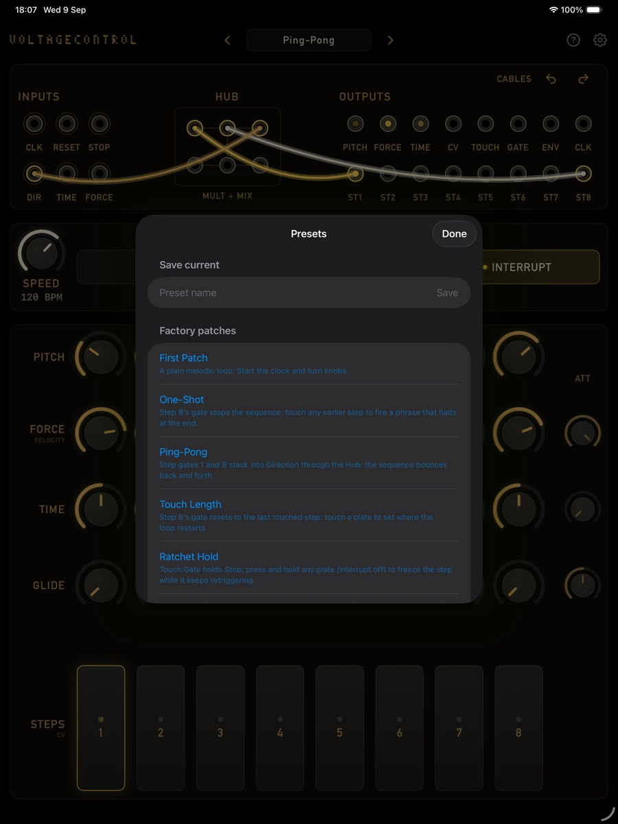 The presets sheet open over the panel, factory patches listed by name