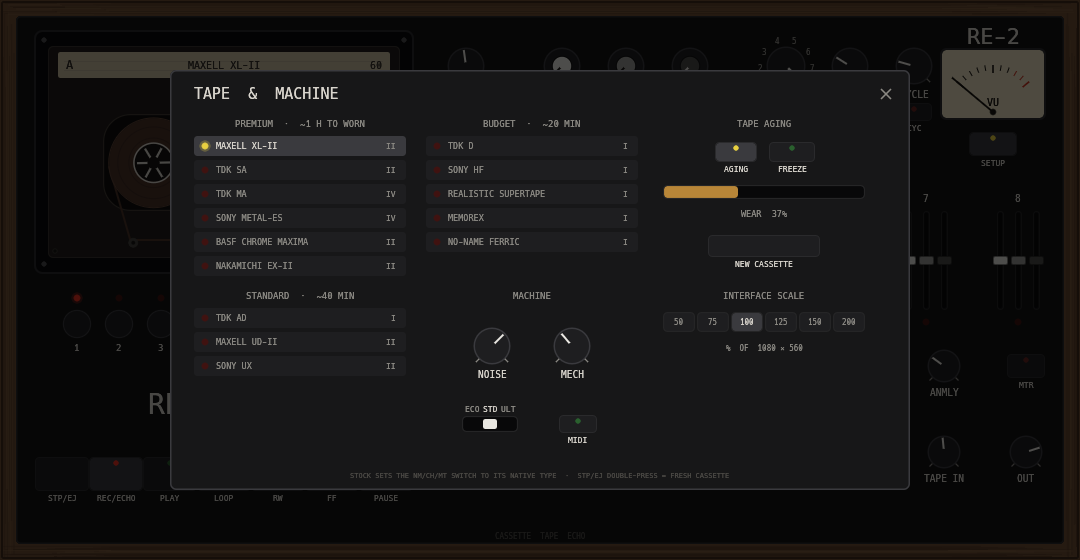 The TAPE & MACHINE overlay: tape stock drawer, aging controls with wear bar, machine trims