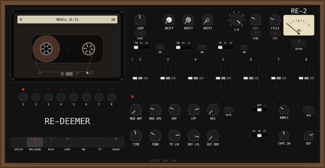 The RE-DEEMER panel: cassette window with live spools, VU meter, 21-fader position matrix, transport buttons