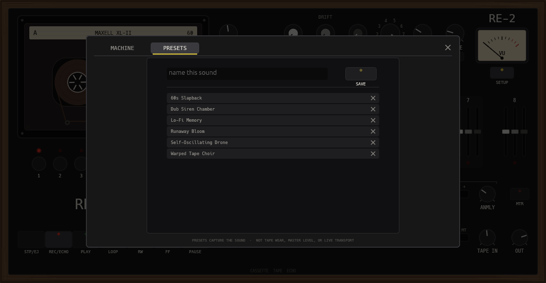 The PRESETS tab: name a sound, save it, then load or delete saved presets